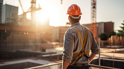 Architect or Civil Engineer Standing Outside with His Back to Camera in a Construction Site on a Bright Day. Man is Wearing a Hard Hat, Shirt and a Safety Vest. Generative Ai