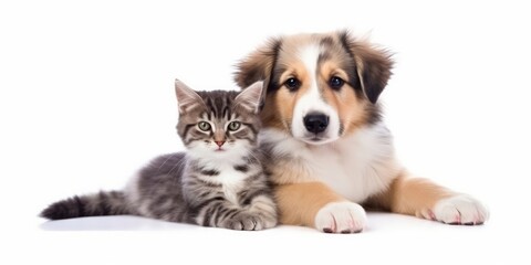 Puppy dog and cute kitten lie together. isolated on white background. PNG. Two puppies. Post-processed generative AI, Generative AI  - obrazy, fototapety, plakaty
