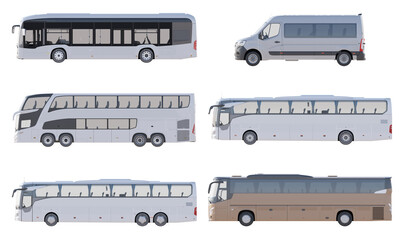 Set of realistic bus isolated on transparency background, side view of bus car