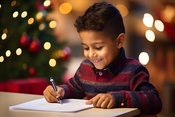 Latin child writing a letter with excitement in front of a Christmas tree blurred and decorated...
