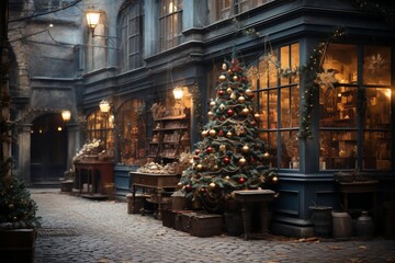 Fototapeta na wymiar Festive Winter Shopping: Christmas Decoration Tree in the Shop Window on a Winter Street
