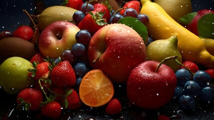 a bunch of mixed fruits surrounded by drops of rain water