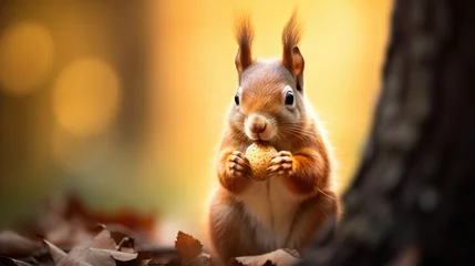 Foto op Canvas cute squirrel eating a nut in the forest © Zanni