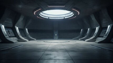 Dark tiled corridor in sci-fi underground gallery