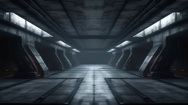Dark tiled corridor in sci-fi underground gallery