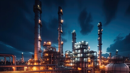 Fototapeta premium Industry pipeline transport petrochemical, gas and oil processing. The power industry factory at night. Generative Ai