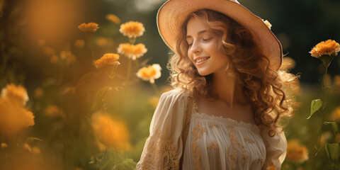 portrait of a woman in a field of flowers, wearing a hat