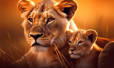 Lioness mother with her lion cub. mother love concept Digital ai art, Generative AI  - Powered by Adobe