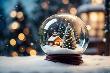 Fototapeta na wymiar Snowman and Christmas tree in a snow globe with bokeh background