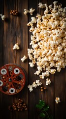 Film reel and popcorn on rustic background