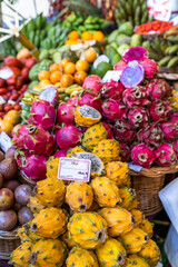 Fresh exotic fruits on famous market in Funchal Mercado dos Lavradores Madeira island, Portugal