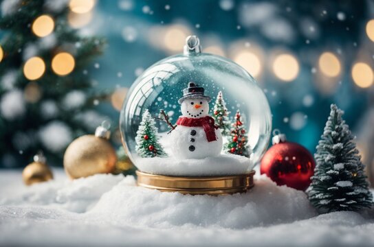 Snowman and Christmas tree in a snow globe with bokeh background