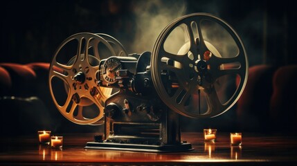 Obraz premium Movie projector with blank film reel on table