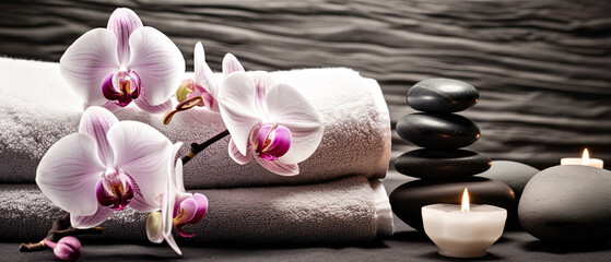 spa setting with orchid and massage stones, photo for massage salon