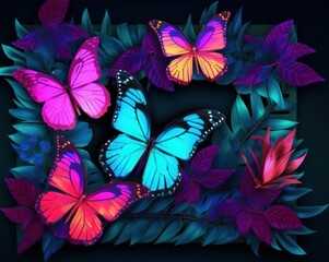 Tropical leaves,  exotic flowers and neon butterflies frame. Exotic botanical design for cosmetics, spa, perfume, beauty salon, travel agency, florist, Generative AI 