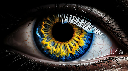 A close up of a human eye with a blue iris and yellow