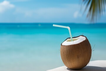 Coconut cocktail beverage straw beach. Martini bar. Generate Ai - obrazy, fototapety, plakaty