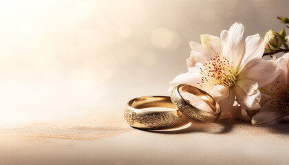 two wedding rings and flowers