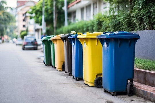 Row of garbage bins are ready to be collected on a residential street