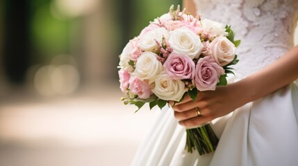 Obraz na płótnie Canvas bride holding bouquet of roses, wedding close-up outdoors
