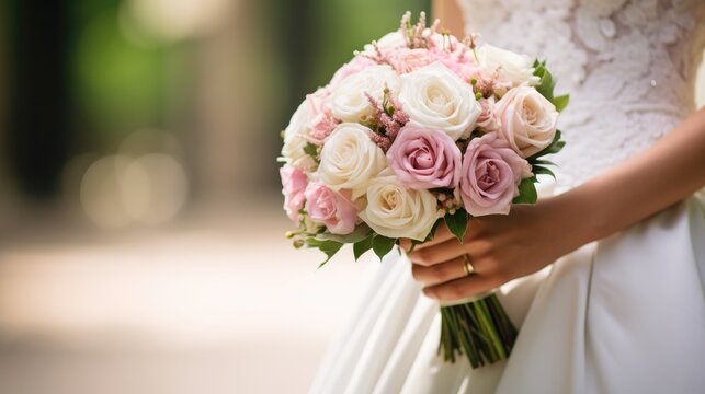 bride holding bouquet of roses, wedding close-up outdoors