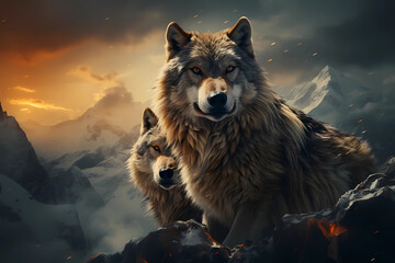 Two wolves with mountain in background - obrazy, fototapety, plakaty