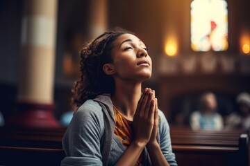 Young woman praying to god in church. Faith in religion and belief in God. Power of hope or love and devotion, Generative AI  - obrazy, fototapety, plakaty