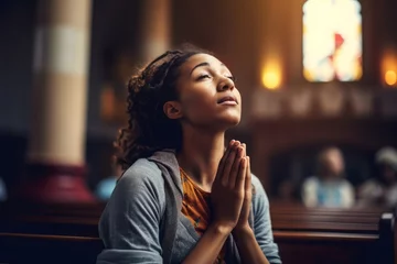 Foto op Canvas Young woman praying to god in church. Faith in religion and belief in God. Power of hope or love and devotion, Generative AI  © Clicks Flicks
