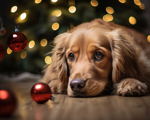 Christmas with Dog. A dog under a Christmas tree with decorations and lights, cocker spaniel
