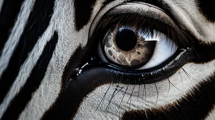 Fototapeten A close up of a zebras eye with a black background © Rimsha