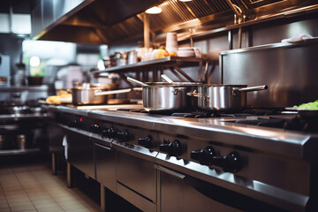 Empty restaurant kitchen with professional equipment made of metal - obrazy, fototapety, plakaty