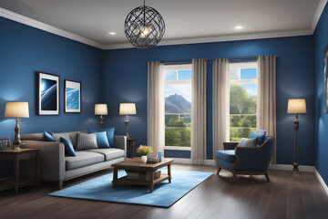 Living Room with Blue Walls and a Blue Rug