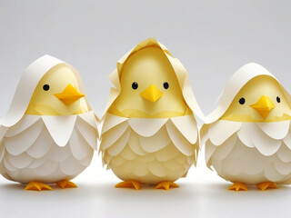 Easter chicks in origami style isolated on a white background. Easter eggs and chickens made of paper on a white background.