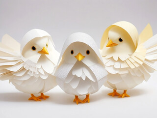Easter chicks in origami style isolated on a white background. Easter eggs and chickens made of paper on a white background.