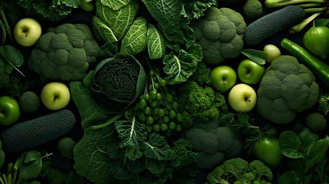 top view full Green vegetables and dark leafy food background
