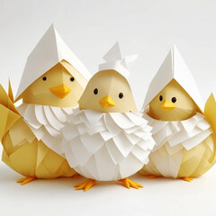 Easter chicks in origami style isolated on a white background. Easter eggs and chickens made of paper on a white background.