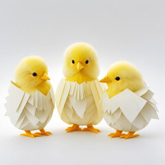 Easter chicks in origami style isolated on a white background. Easter eggs and chickens made of paper on a white background.