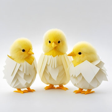 Easter chicks in origami style isolated on a white background. Easter eggs and chickens made of paper on a white background.