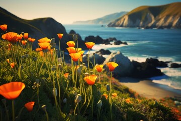 A beautiful craggy coastline with California Poppies. Post-processed digital AI art, Generative AI  - obrazy, fototapety, plakaty