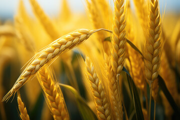 yellow rice fields, solid foreground, blurred background, ai generated.