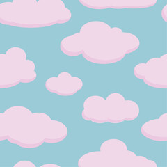 Cute pastel cloud seamless vector pattern. Pink cartoon clouds on a sky blue background.