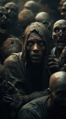Horror, a crowd of scared people, ai generated.