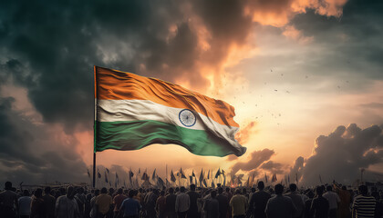 Indian flag on a crowd background. - obrazy, fototapety, plakaty