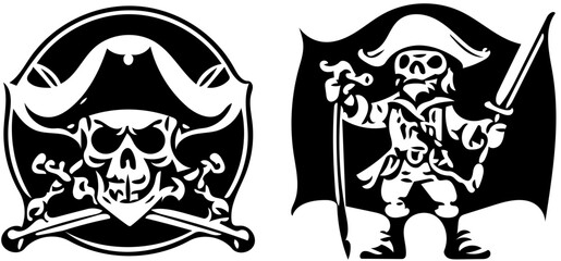 Pirate vector illustrations in black color, cartoon drawings of pirates