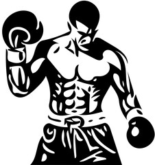 Boxer vector illustration in black color, sportsman drawing, boxing gloves