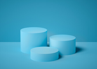 3d rendering of blue blank product stands on bluebackground for presentation with copy space - 3D illustration