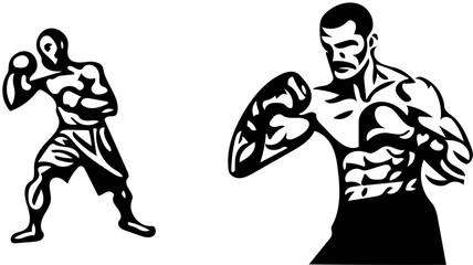 Boxer vector illustration in black color, sportsman drawing, boxing gloves