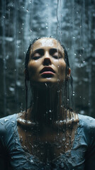 woman, upper body, facing viewer, replace hair with water splashing on shoulders, ai generated.