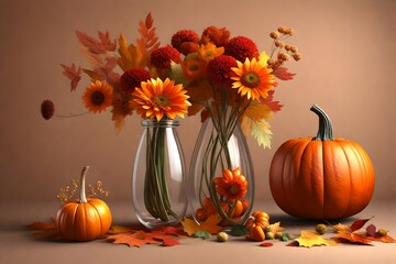 autumn still life with pumpkins and flowers in a vase isolated on solid background