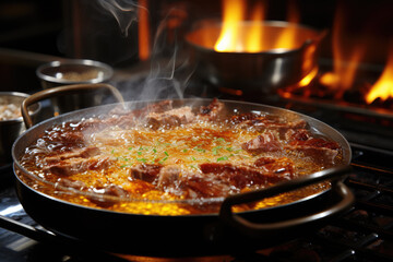 a clear pot of boiling water where thin slices of meat, ai generated.